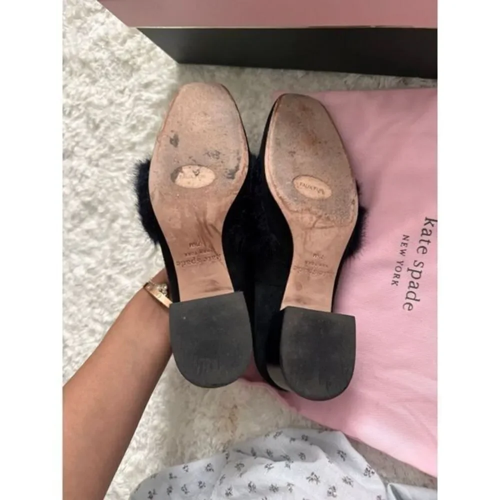 Kate Spade Faux Fur Block Mules Black Suede Gama size 7.5